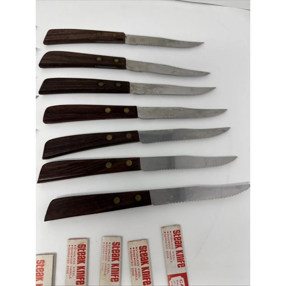 Vintage Quikut 15pc Wood Brown Handle Serrated Blade Steak Knife Set LOT OF 15